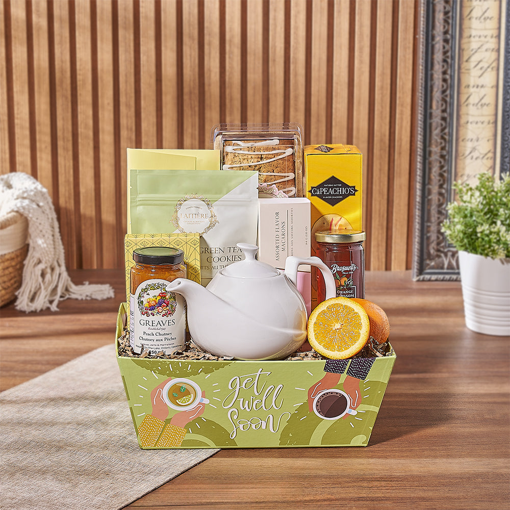 Get Well Soon Gift Tray with Ceramic Tea Pot and Gourmet Snacks – how the gift is presented