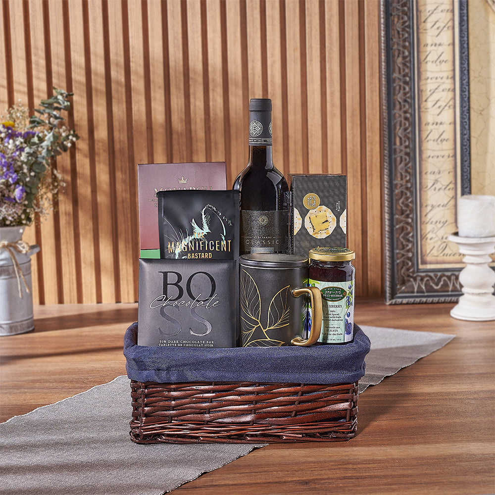Elevate your Hanukkah festivities with the Happy Hanukkah Wine Gift Basket from Canada Baskets - Canada Delivery