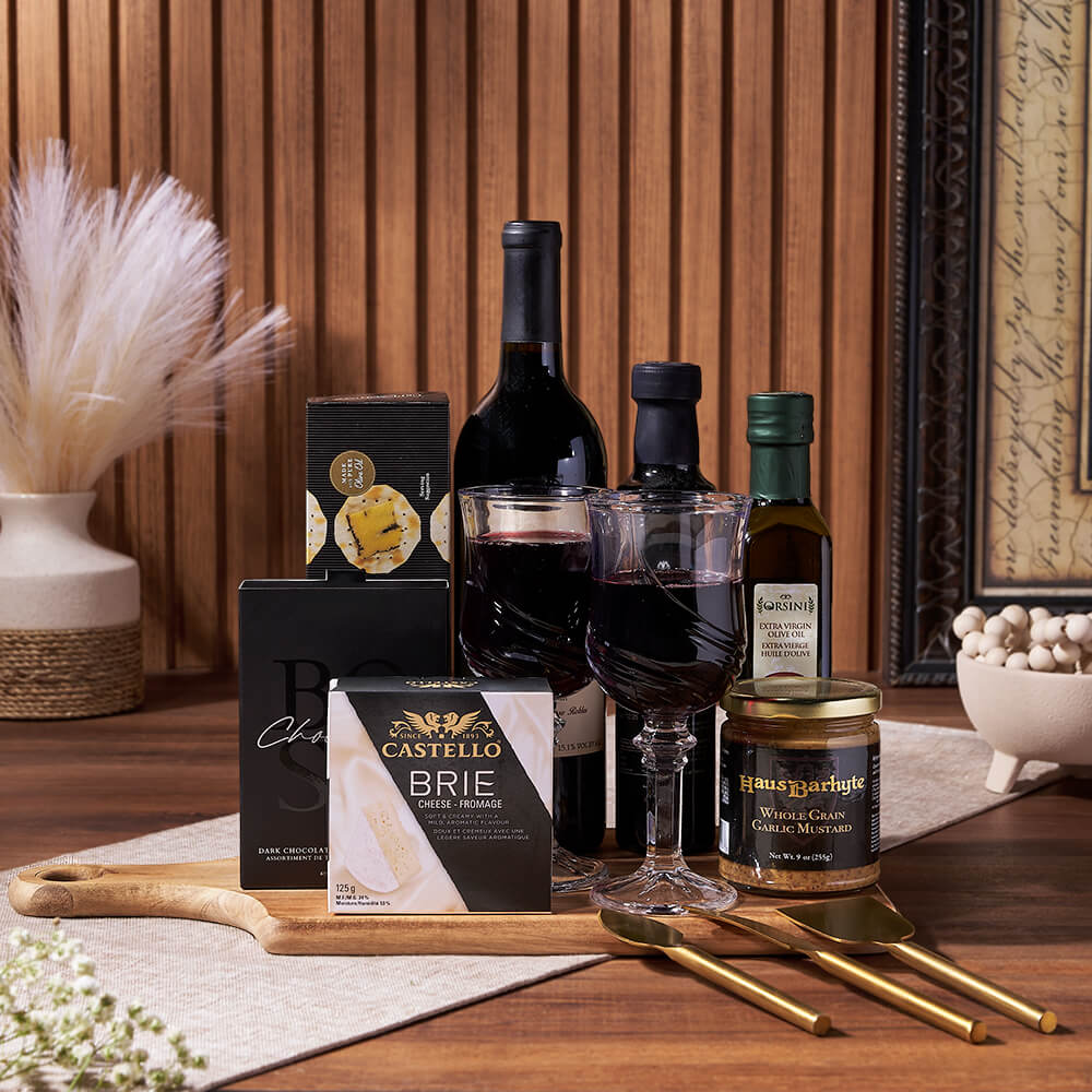 Premium Wine Gift Basket with Brie Cheese and Gourmet Truffles – how the gift is presented