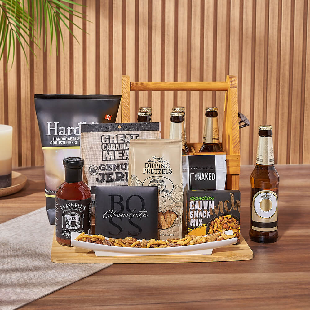 Craft Beer Gift Basket Featuring Beef Jerky, Pretzels, and Sauce – how the gift is presented
