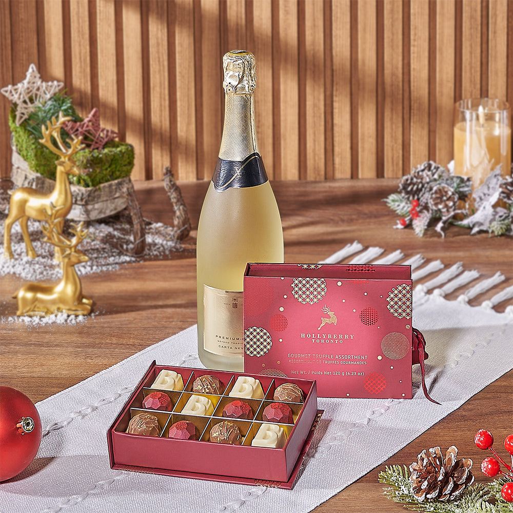 Bright Holiday Sparkling Wine Gift Basket – how the gift is presented