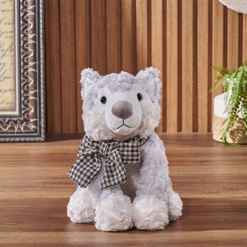 Plush Grey Husky Gift Basket with Checkered Bow – how the gift is presented