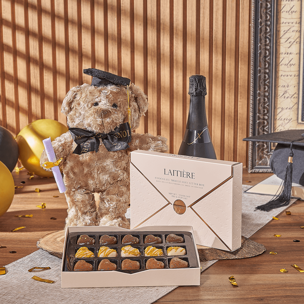 Champagne & Graduate Bear, champagne gift, champagne, sparkling wine gift, sparkling wine, graduation gift, graduation, chocolate gift, chocolate, Canada delivery