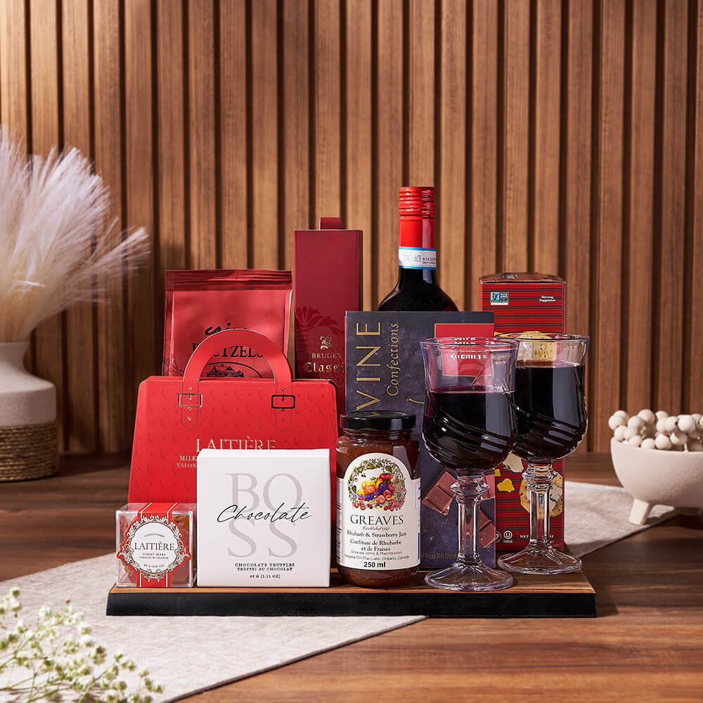 Exclusive Wine Gift Basket with Truffles and Pretzels – how the gift is presented