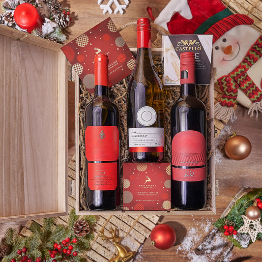 Christmas Wine Trio, wine gift, wine, chocolate gift, chocolate, cheese gift, cheese, Canada delivery