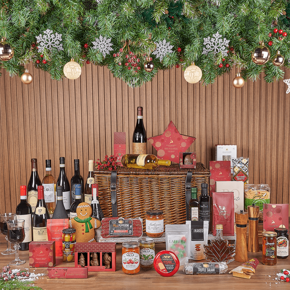 Christmas Wine & Treat Extravaganza Basket, christmas gift, christmas, wine gift, wine, chocolate gift, chocolate, Canada delivery