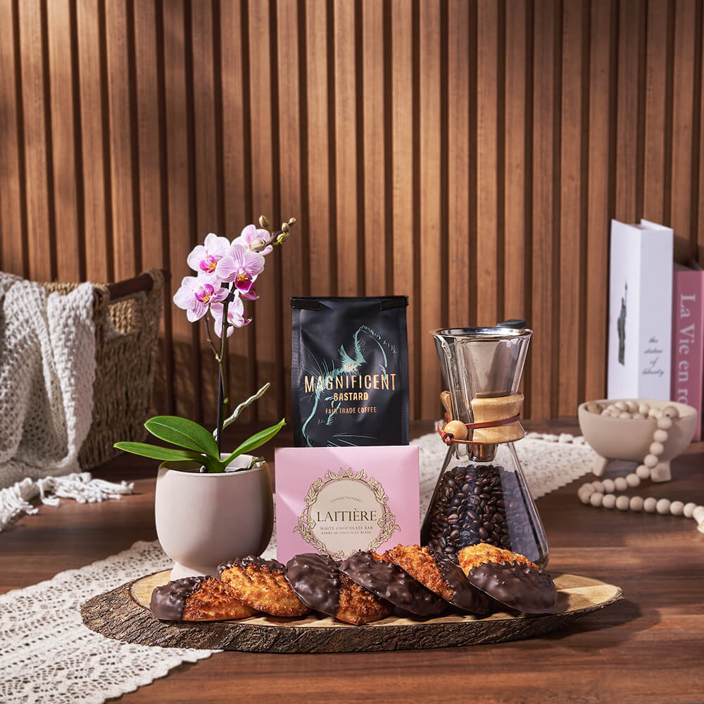 Davenport Coffee & Macaroons Basket, coffee gift, coffee, cookie gift, cookie, macaroon gift, macaroon, orchid gift, orchid, plant gift, plant, Canada delivery
