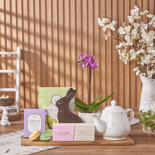 Easter Bunny Tea Tray, tea gift, tea, easter gift, easter, orchid gift, orchid, plant gift, plant, Canada delivery