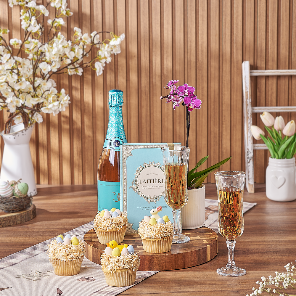 Easter Cupcake & Champagne Gift Set, champagne gift, champagne, sparkling wine gift, sparkling wine, cupcake gift, cupcake, plant gift, plant, orchid gift, orchid, Canada delivery