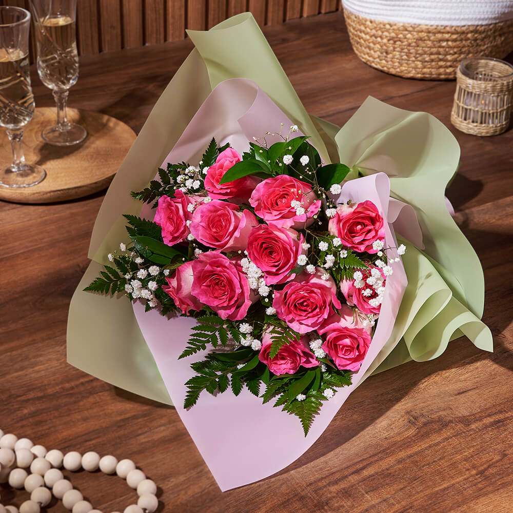 Classic Pink Rose and Baby's Breath Designer Ribbon Bouquet – how the gift is presented