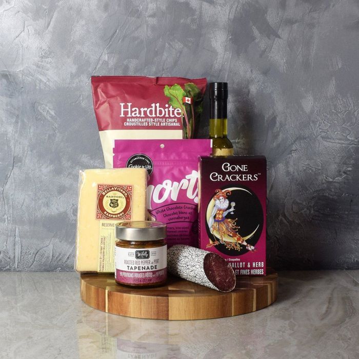 Sophisticated Gift Basket Featuring Gourmet Treats and Acacia Board – how the gift is presented