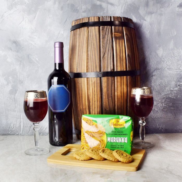 Diwali Gift Basket Featuring Murukku and Sparkling Wine with Wine Glasses – how the gift is presented