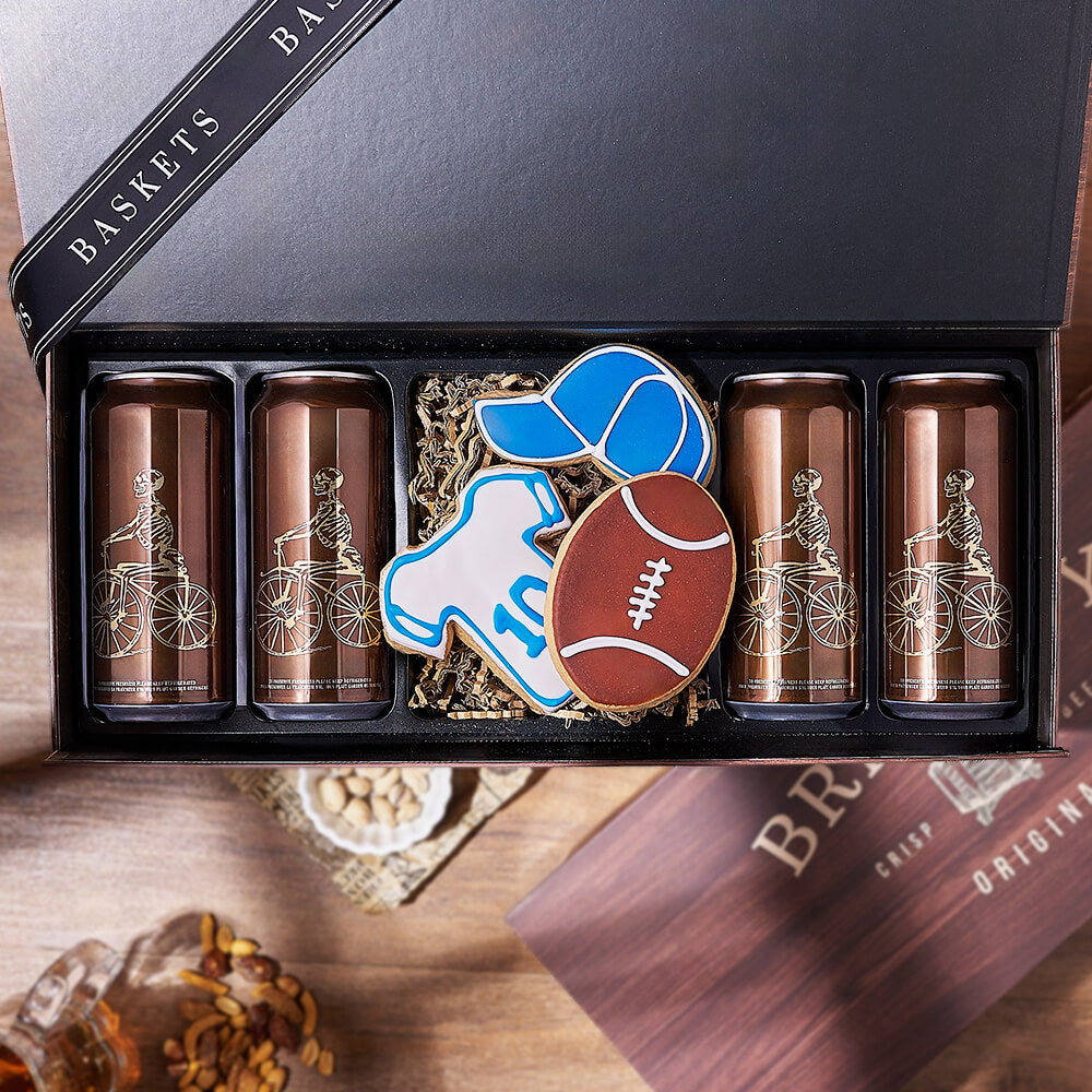 Craft Beer Gift Set with Football Sugar Cookies in Wooden Box – how the gift is presented
