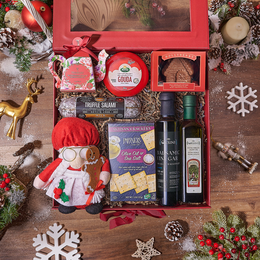 Holiday Red Gift Box with Tea, Cheese, and Mrs. Claus Plush – how the gift is presented