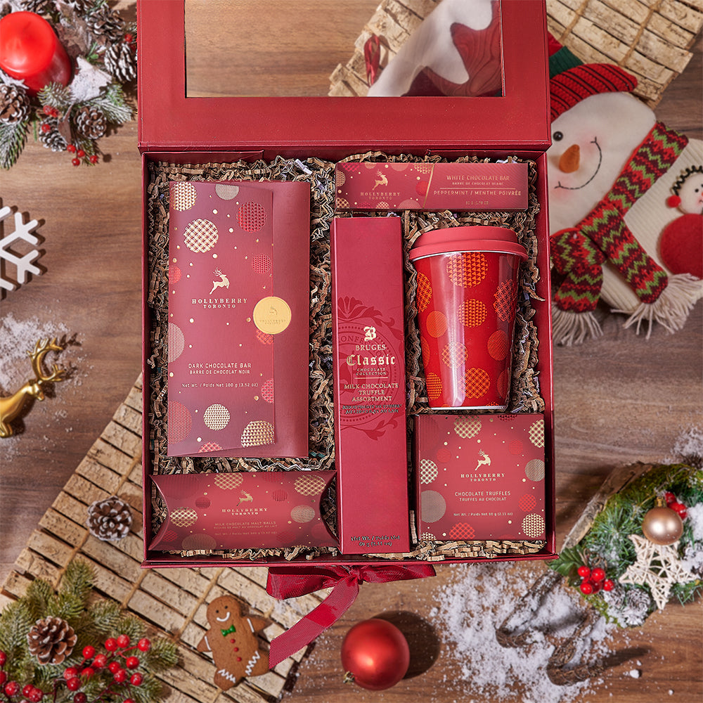 Holiday Chocolate and Tumbler Gift Basket – how the gift is presented