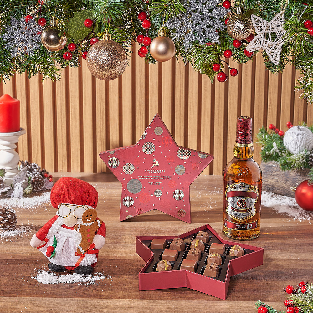 Holiday Whiskey Gift Basket with Assorted Gourmet Chocolate Truffles – how the gift is presented