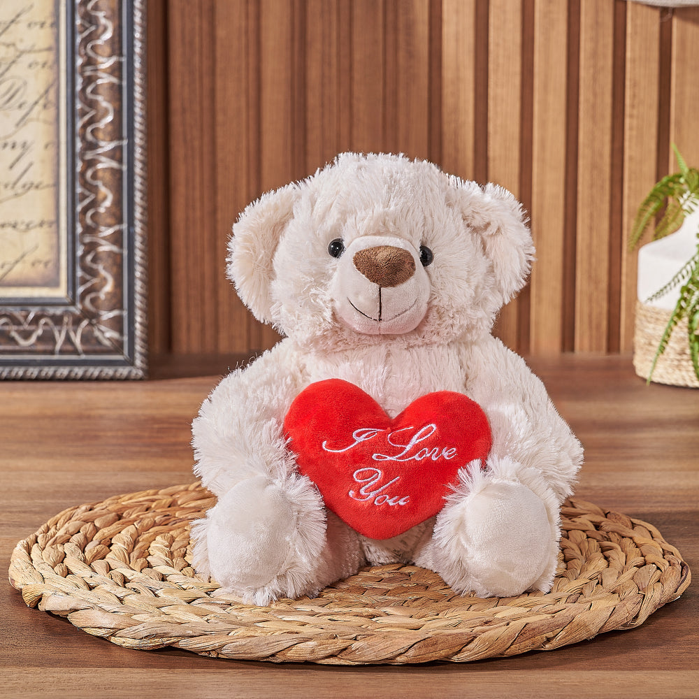 Plush Teddy Bear Gift Basket Featuring 'I Love You' Heart for Anniversary – how the gift is presented