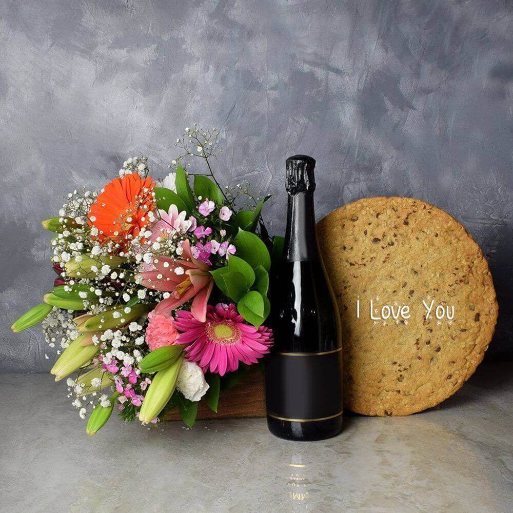Seasonal Flower Bouquet and Champagne Gift Basket with Giant Cookie – how the gift is presented