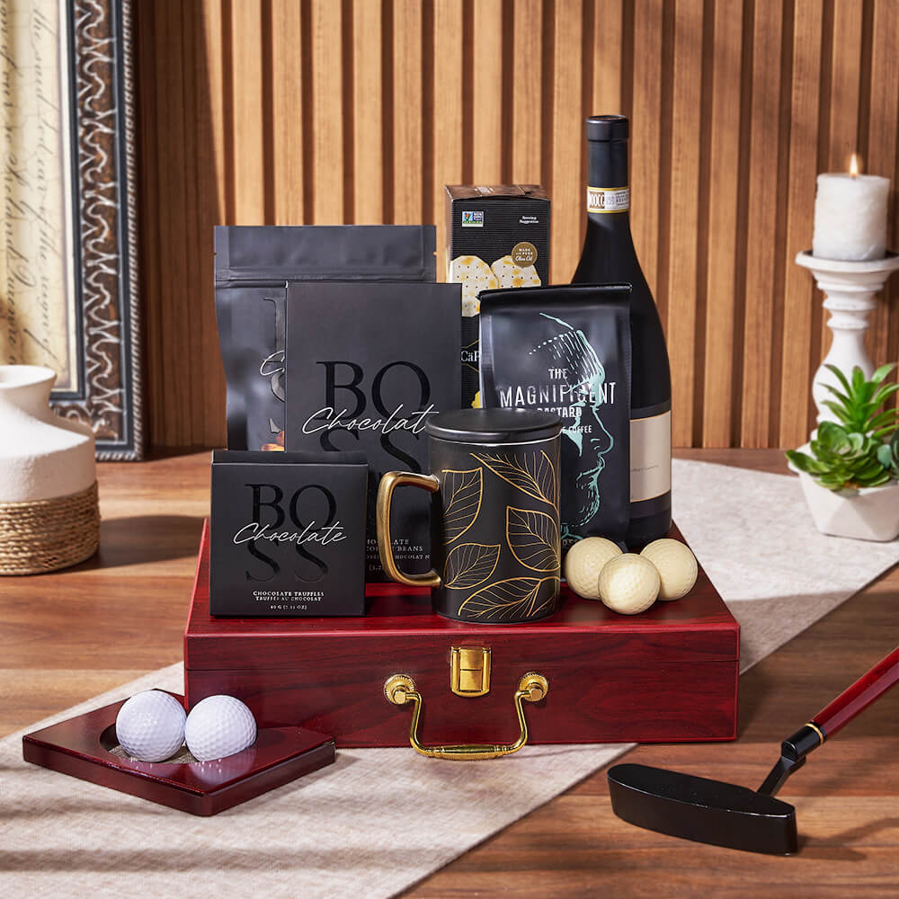 Luxe Putting & Wine Gift Set, wine gift, wine, coffee gift, coffee, chocolate gift, chocolate, golf gift, golf, putting gift, putting, Canada delivery