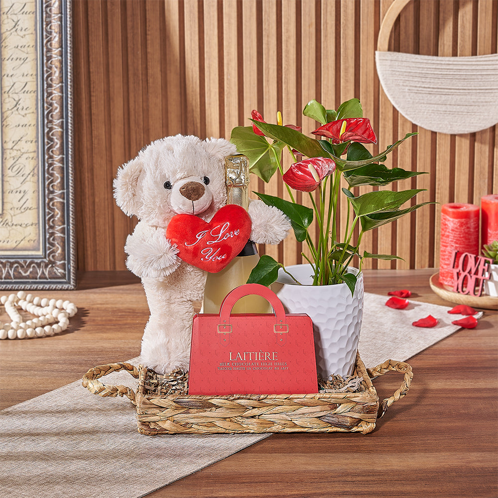 Sparkling Wine Valentine's Gift with Anthurium Potted Plant and Chocolate Heels – how the gift is presented