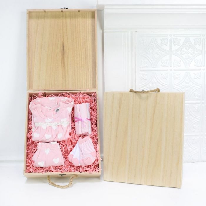 Soft Pink Baby Clothes and Accessories Gift Crate – how the gift is presented