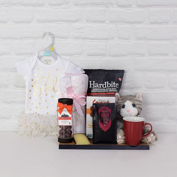 "Party Princess Gift Basket" Baby Girl Onesie, Blanket, Mug, and Cheese in a Cutboard from Canada Baskets - Canada Delivery