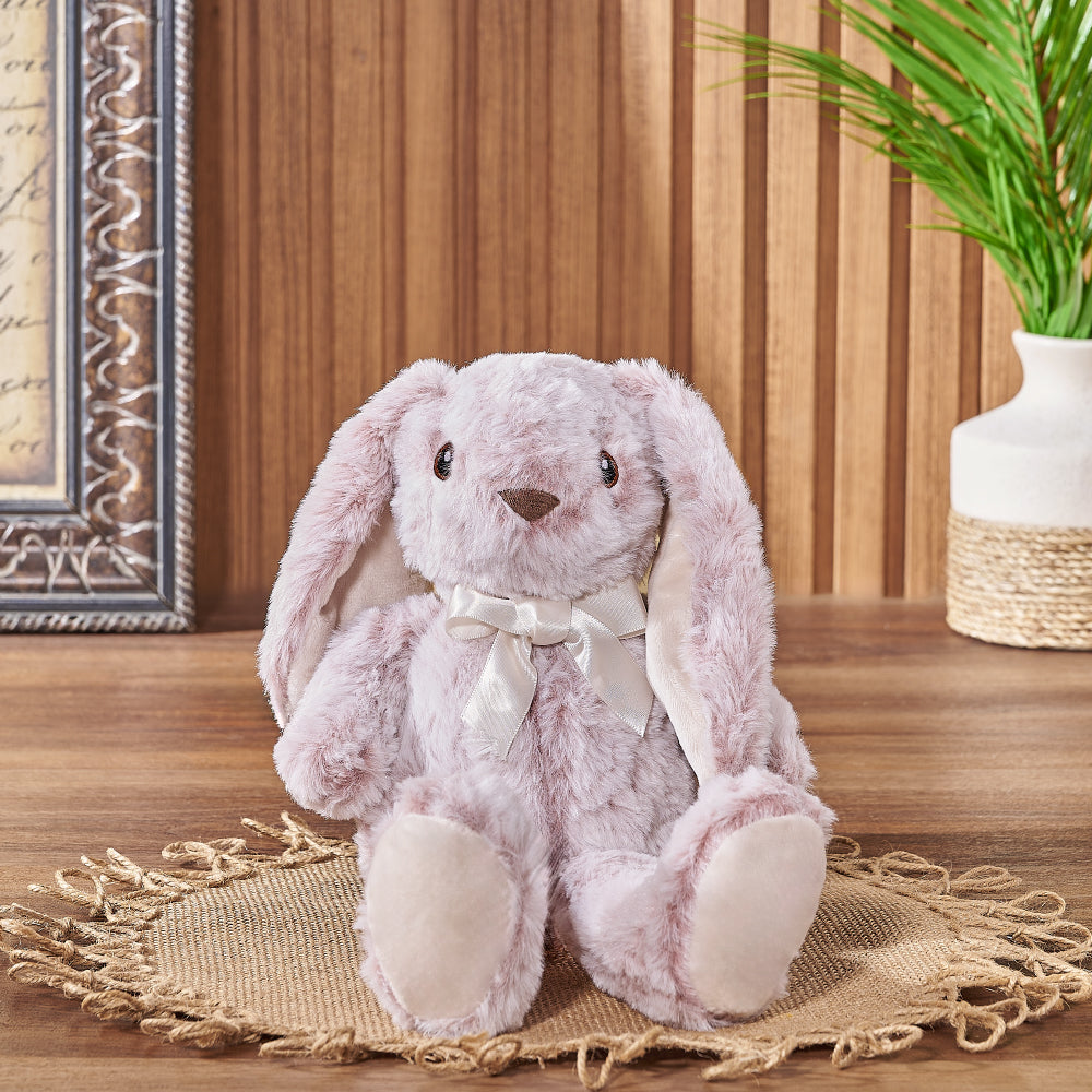 Elegant 13-Inch Pink Plush Bunny Gift Basket – how the gift is presented