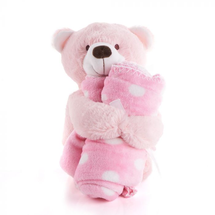 "Pink Hugging Blanket Bear" Plush toy holding a Pink Blanket-Canada Baskets- Canada delivery