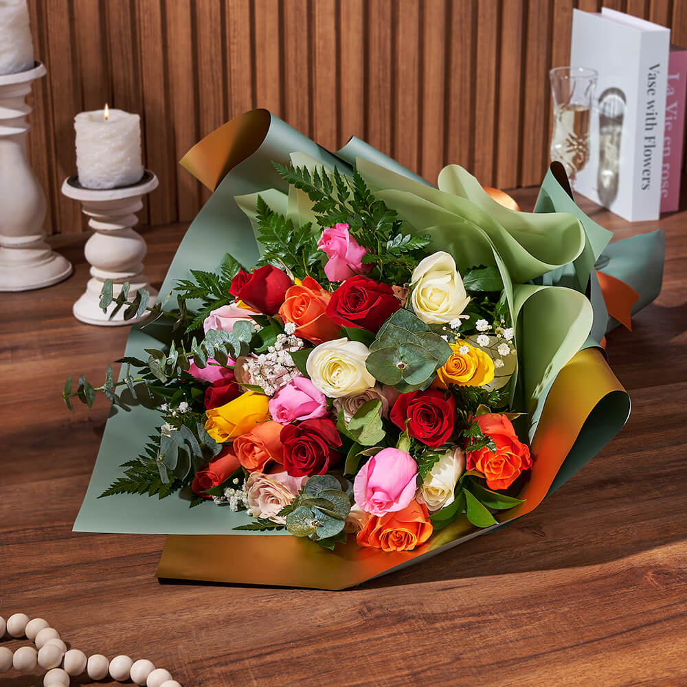 Twelve-Stem Multicolored Rose Bouquet with Baby's Breath – how the gift is presented