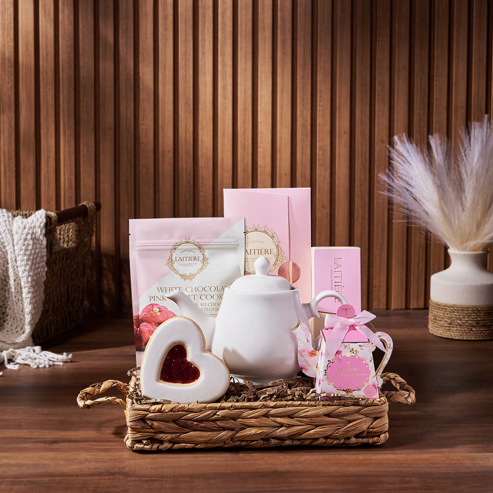 Deluxe Assorted Macarons Gift Basket with Ceramic Tea Pot – how the gift is presented
