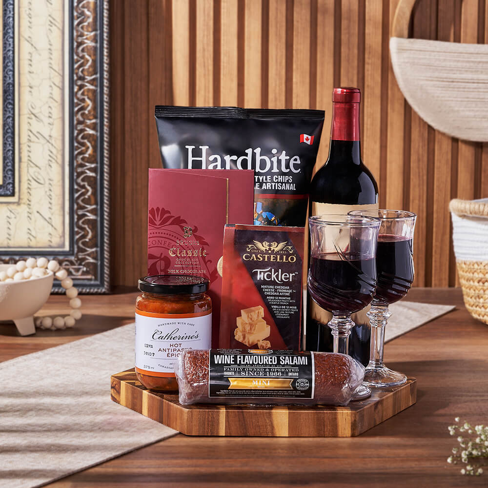 Wine and Charcuterie Basket with Board – how the gift is presented
