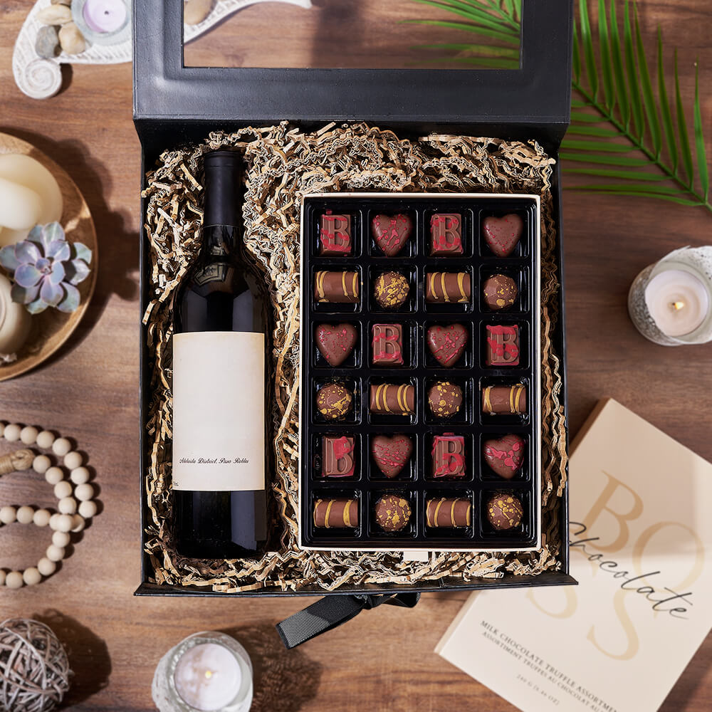 Wine and 24pcs Milk Chocolate Truffles – how the gift is presented