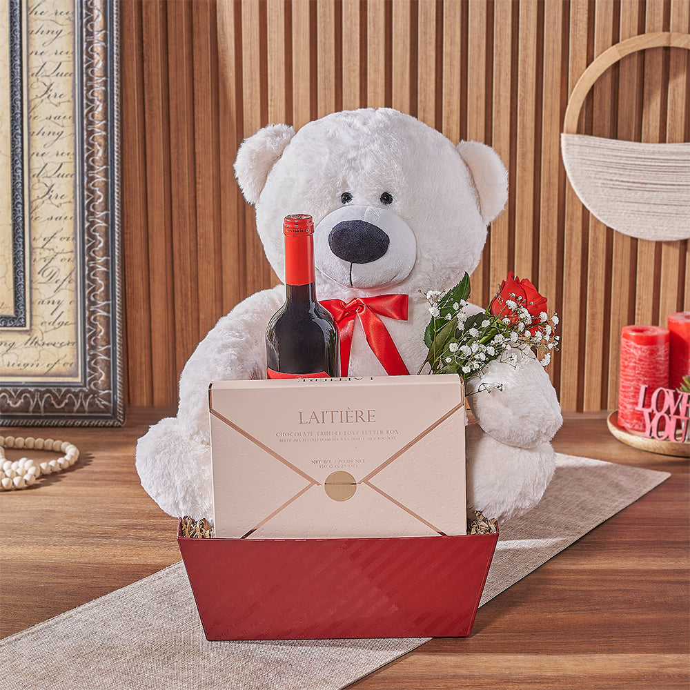 Wine and Red Rose Gift Basket for Valentine’s Day with Large Plush Bear – how the gift is presented
