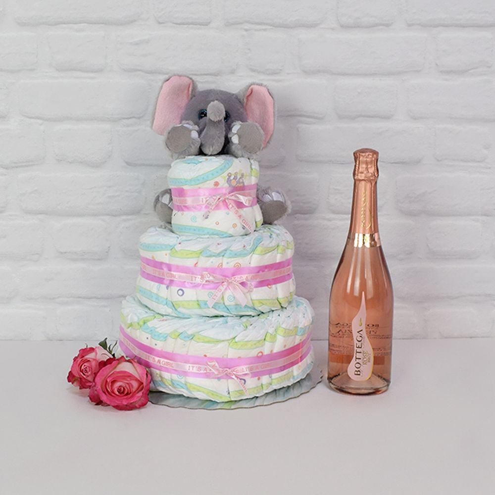 Champagne and Diaper Cake Gift Basket – how the gift is presented