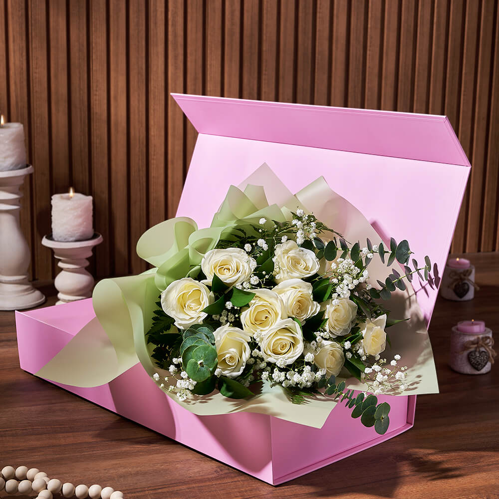 Elegant 12-Stem White Rose Arrangement in Pink Box – how the gift is presented