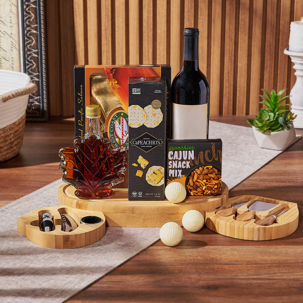 Deluxe Wine and Cheese Board Gift Basket with White Chocolate Golf Balls – how the gift is presented
