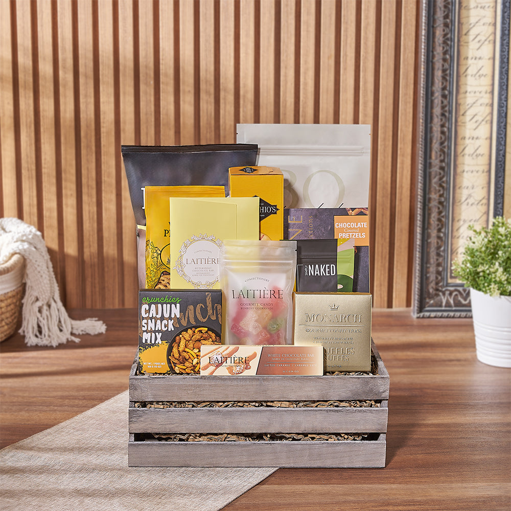 Snack Basket in Grey Wooden Crate – how the gift is presented