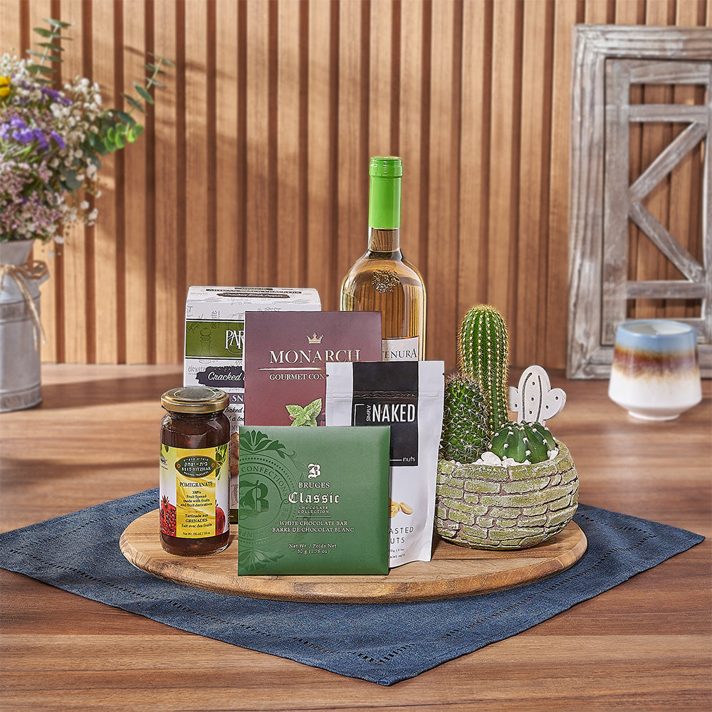 Kosher Wine &amp; Cacti Gift, kosher gift, kosher wine, plant, crackers, chocolate, nuts, jam, board, Canada Delivery