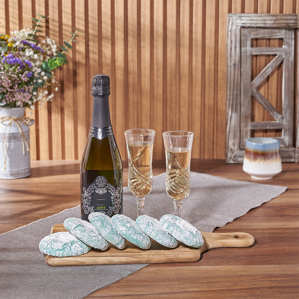 Hanukkah Sparkling Wine Gift Basket with Kosher Blue Crinkle Cookies – gift basket with bottle of kosher sparkling wine, hanukkah blue crinkle