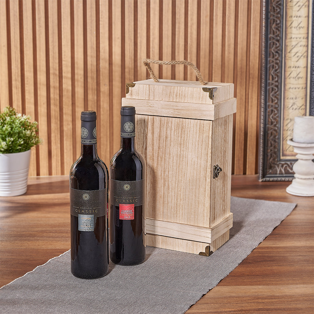 Kosher Wine Duo in Elegant Wooden Gift Box – gift basket with 2 kosher bottles of wine and duo wine box w/ burned finish