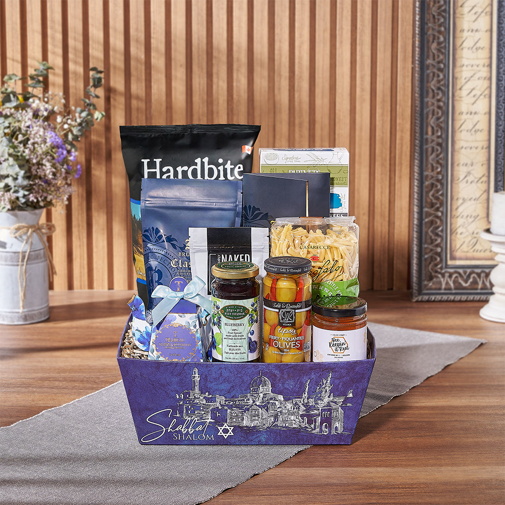 The Basket of Kosher Treats offers a delightful array of snacks, making it an ideal choice for sending your well wishes to a friend, family member, or colleague, Canada delivery 