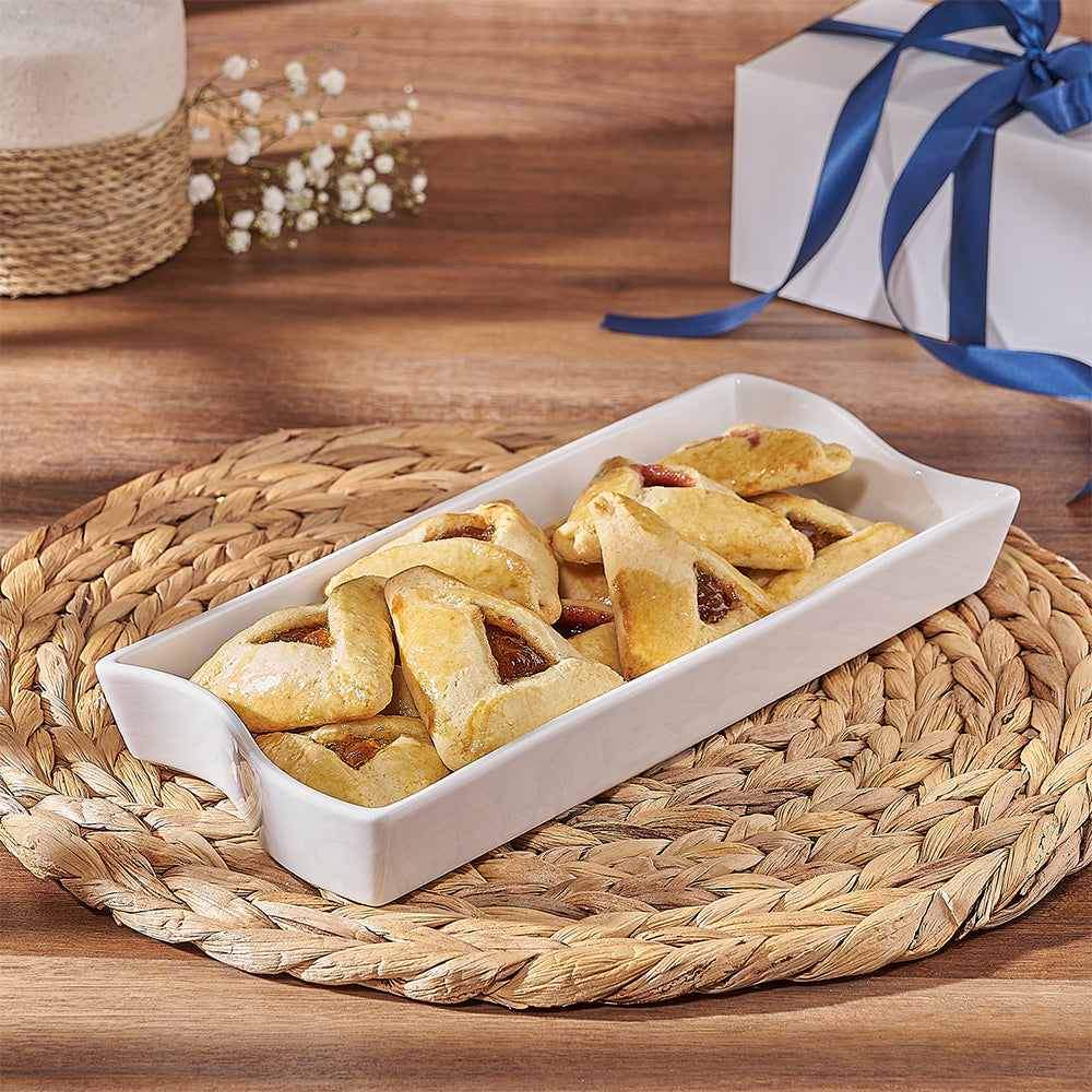 Premium Hamantaschen Cookies in Ceramic Serving Dish Gift Basket – how the gift is presented