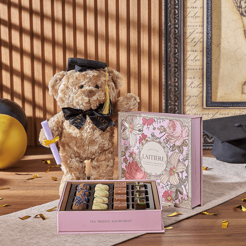 Graduation Plush Teddy Bear Gift Set with Tea Truffles – how the gift is presented