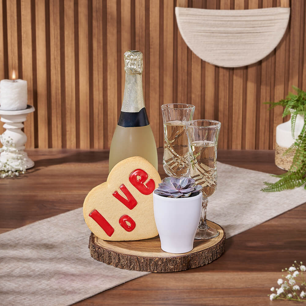 Premium Sparkling Wine Basket Featuring Live Edge Board and Succulent – how the gift is presented