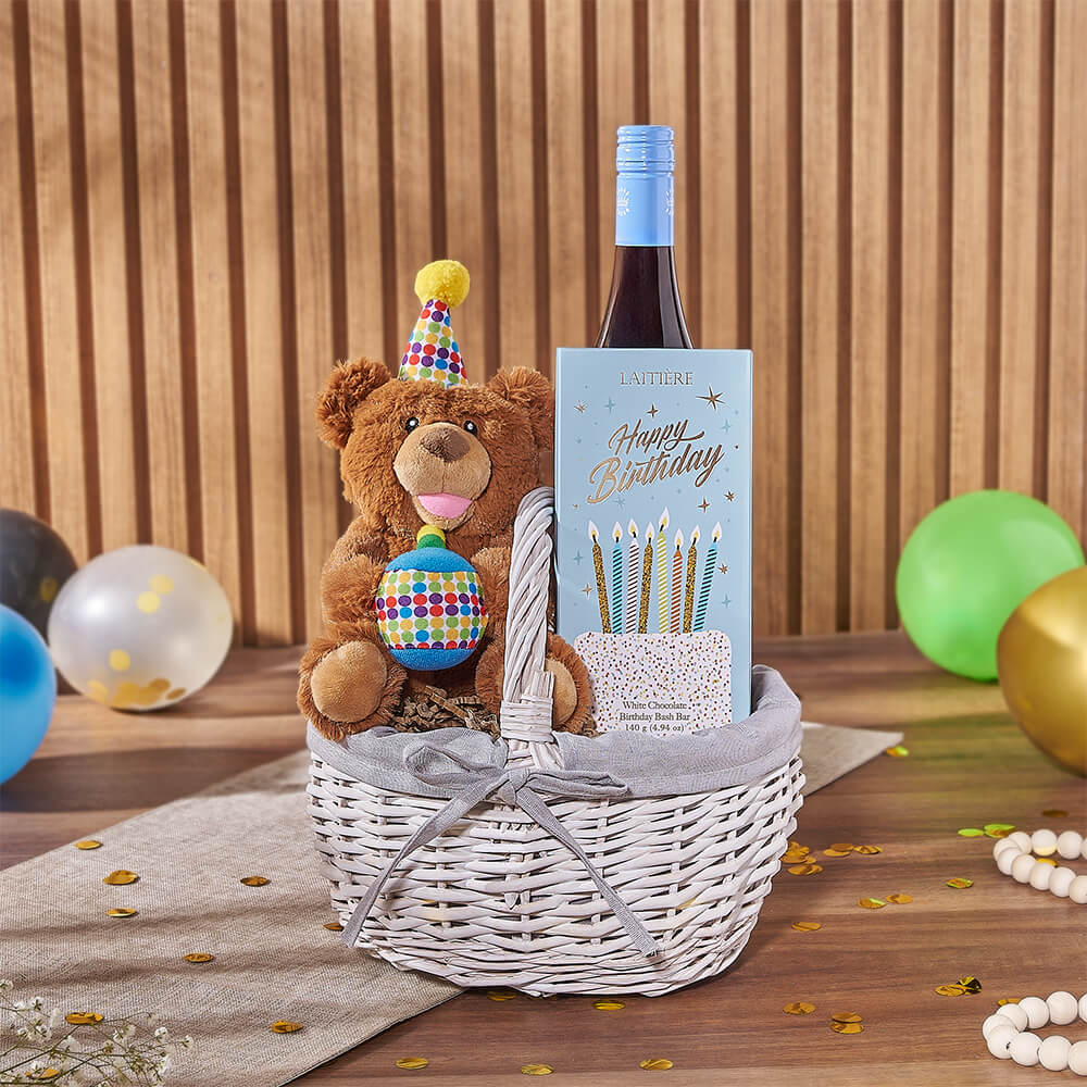 Birthday Wine &amp; Bear Gift Basket, wine gift, wine, birthday gift, birthday, chocolate gift, chocolate, Canada delivery