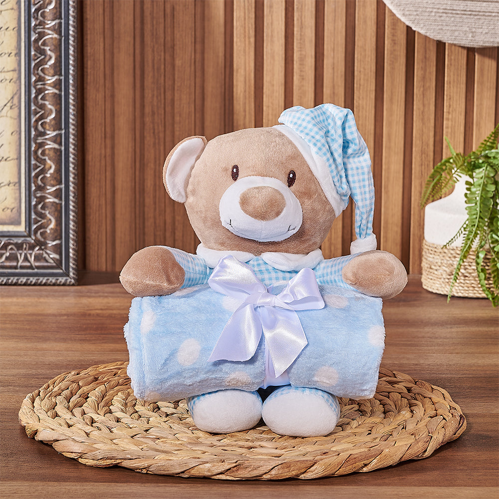 Soft Plush Bear Hugging Blue and White Baby Blanket Basket – how the gift is presented