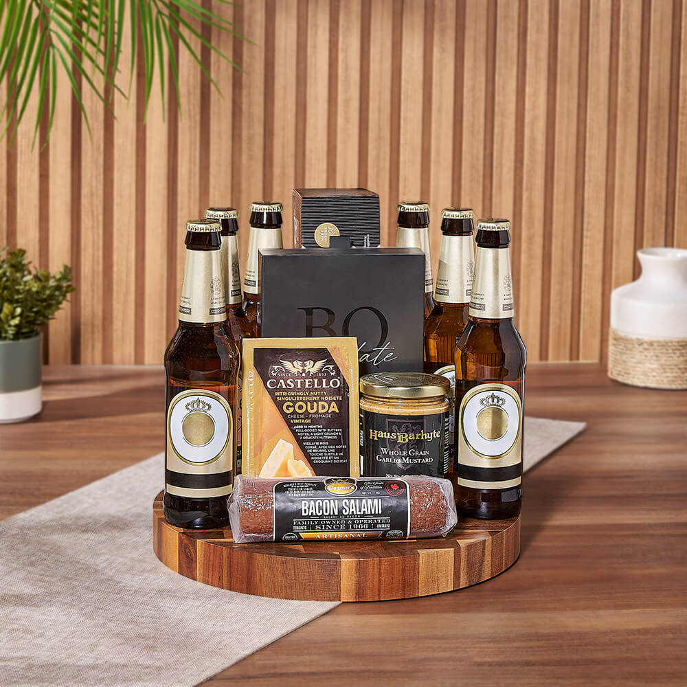 Premium Beer Basket with Crackers, Mustard, and Chocolate Truffles – how the gift is presented