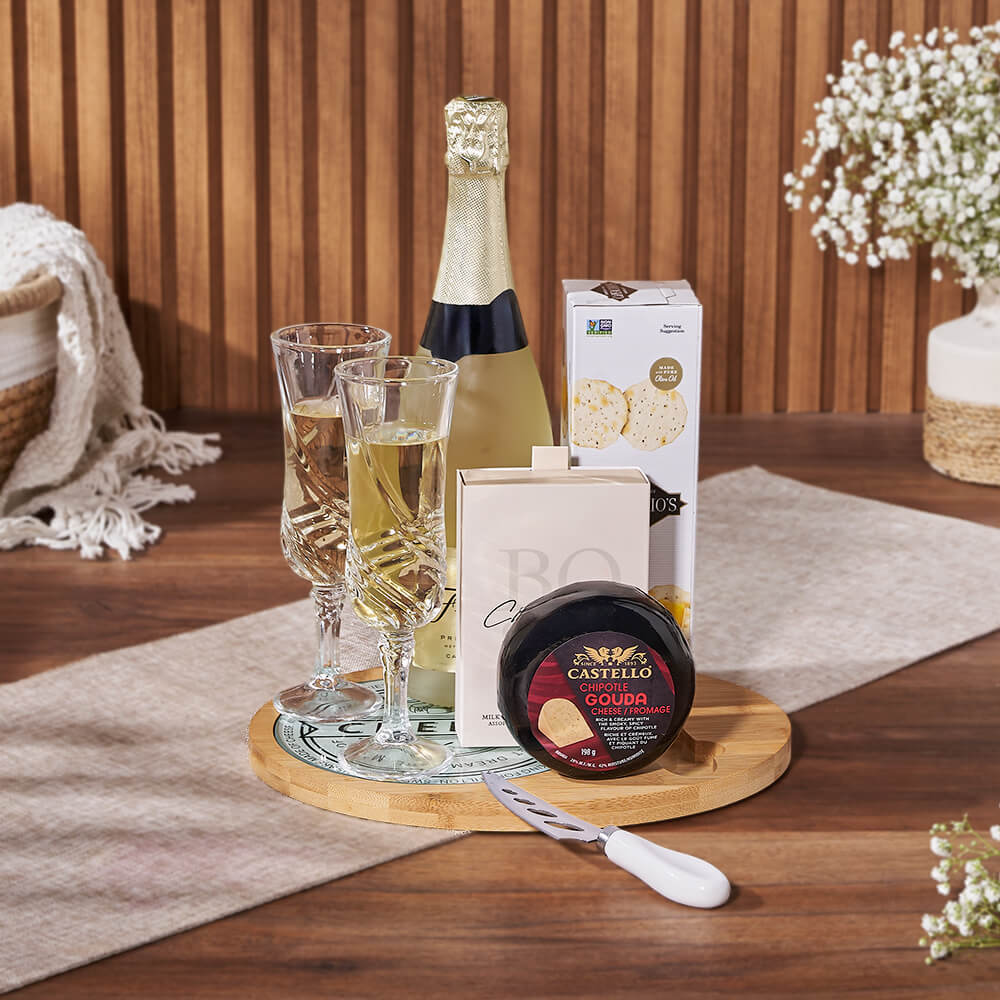 Bubble &amp; Cheese Please Champagne Gift Basket, sparkling wine gift, sparkling wine, cheese gift, cheese, champagne gift, champagne, Canada delivery