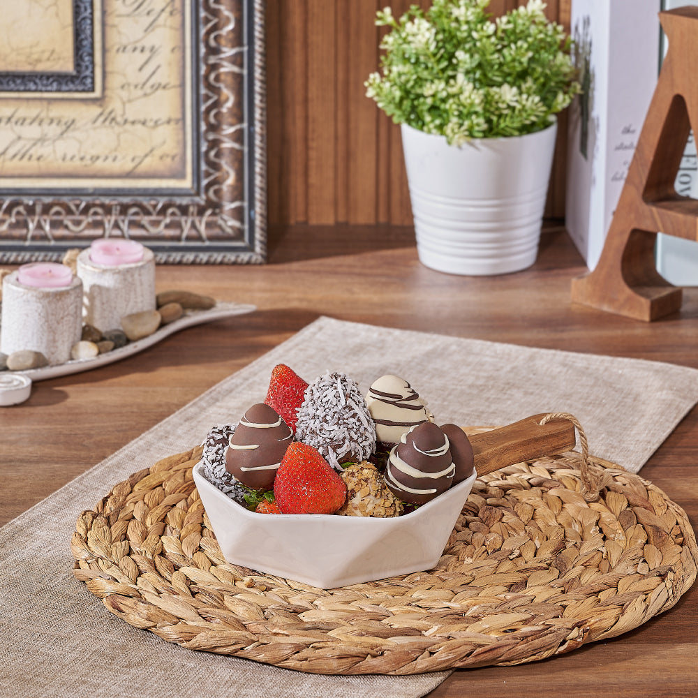 Premium Chocolate Dipped Strawberries Served in Buttercup Dish Gift Box – how the gift is presented
