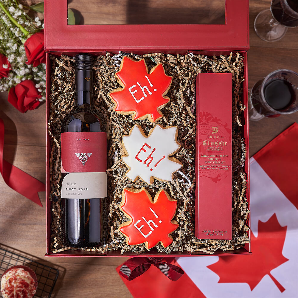 Canada Day Wine Gift Box, canada day gift, canada day, wine gift, wine, chocolate gift, chocolate, cookie gift, cookie, Canada delivery